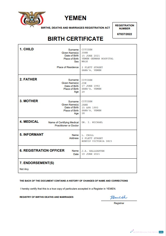 Download Yemen vital record birth certificate Word and PDF template Photoshop template